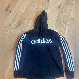 adidas Black Hoodie with White Logo and Sleeve Stripes